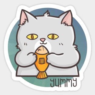 Funny Cute Fat Cat Holding a Fish Sticker